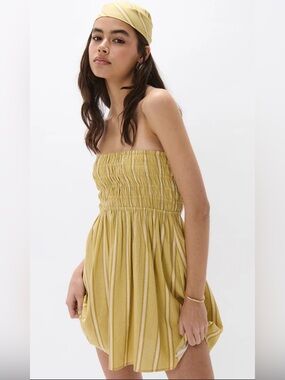 Ghanda Yellow Stripe Strapless Smock Mini Dress linen blend Size Women’s XS